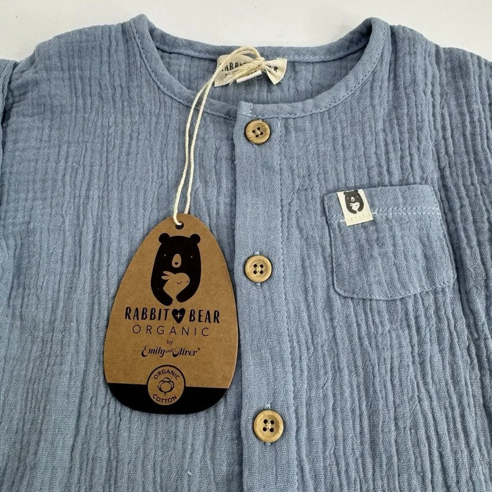 Rabbit+Bear Organic Cotton Infant 6-9 mo Outfit Hat One Piece Gauze Blue Short